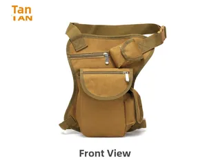 Front view of tan tactical leg bag made of durable nylon with multiple pockets and buckles