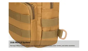 Detail of khaki tactical bag featuring MOLLE modular system and a plastic D-ring for gear