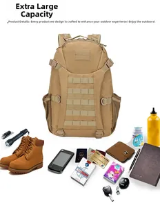 Detailed view of khaki tactical backpack with Molle system and outdoor gear layout