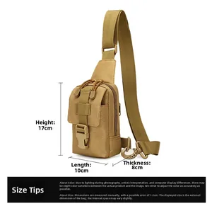 Detailed view of khaki tactical crossbody bag with dimensions 17cm height and 10cm length