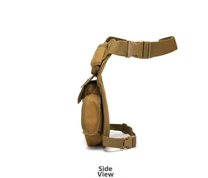 Side view of khaki tactical leg bag showing thin profile and layered pocket structure