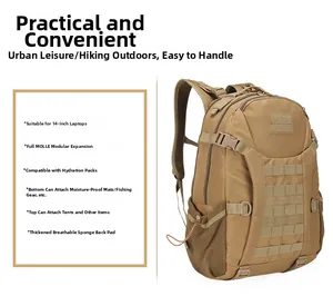 Detail view of khaki tactical backpack featuring MOLLE system and padded mesh back panel
