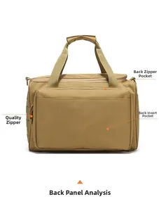 Detailed view of tactical shoulder bag back pocket with heavy duty zippers