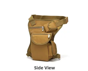 Side view of khaki tactical leg bag showing durable canvas material and functional pockets