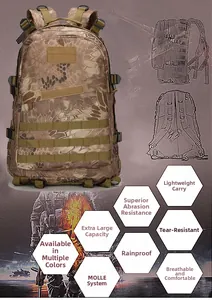Tactical backpack with MOLLE system featuring蟒-pattern camouflage and padded straps