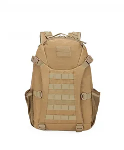 Front view of khaki tactical backpack featuring MOLLE system and Velcro patch area
