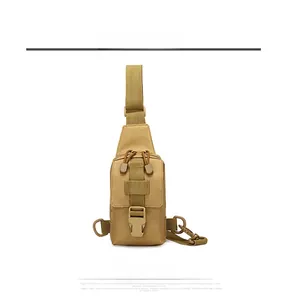 Front view of khaki tactical chest bag with heavy-duty buckles and nylon straps
