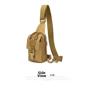 Side view of khaki tactical crossbody bag made with high-strength wear-resistant nylon