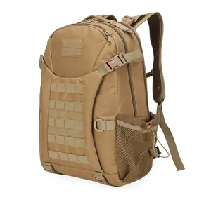 Tactical backpack side view showing MOLLE webbing and mesh pocket in khaki nylon