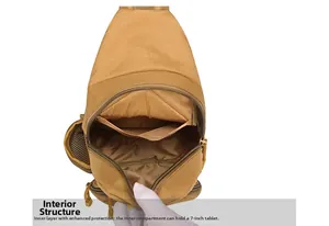 Interior structure of khaki tactical chest bag with compartments for 7 inch tablet
