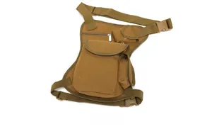 Detailed macro view of the brown tactical leg bag with water resistant nylon fabric