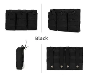 Detail view of black triple MOLLE magazine pouch with elastic cords and nylon webbing
