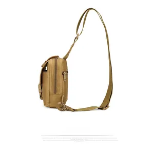 Tactical sling bag in desert tan featuring multiple zippers and side buckle closure