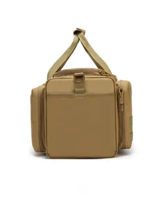 Detailed macro view of the tactical bag's reinforced handle and metal D-ring buckle