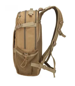 Close-up of side mesh pocket and nylon webbing on a tactical outdoor backpack