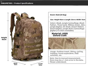 Tactical 600D oxford hiking backpack dimensions 46x33x18cm with MOLLE webbing