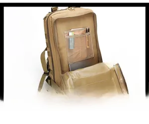 Detail of tactical backpack interior with mesh pocket and pen holders in khaki oxford cloth