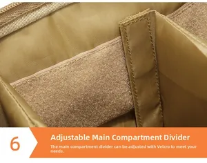 Macro detail of the adjustable velcro compartments in the coyote brown tactical shoulder bag