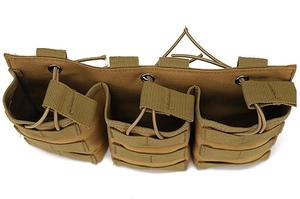 Coyote brown tactical triple magazine pouch with elastic cords and MOLLE webbing