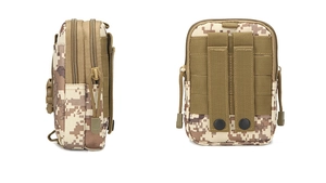 Detail view of desert digital camouflage tactical MOLLE pouch with dual zipper compartments