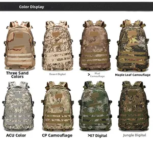 Detail showing eight tactical backpack camouflage patterns including CP and ACU styles