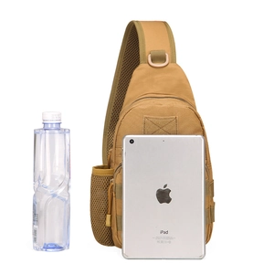 Tactical sling bag in khaki nylon with mesh bottle holder and tablet compartment