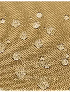 Macro detail showing waterproof khaki oxford fabric with water droplets on the surface