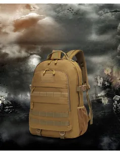 Tactical backpack with MOLLE webbing and velcro area on a khaki heavy-duty fabric surface