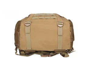 Detailed base view of tactical backpack showing adjustable straps and plastic buckles