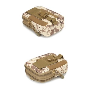 Tactical molle waist bag in desert digital camo with dual zippers and buckle detail