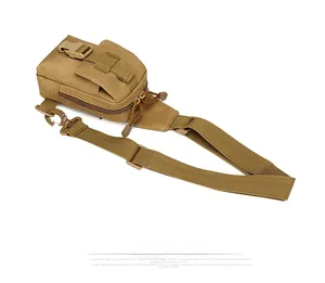 Detail view of khaki tactical chest bag showing durable nylon fabric and MOLLE system straps