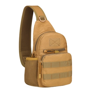 Tactical khaki shoulder bag with MOLLE system and mesh bottle holder for outdoor activities