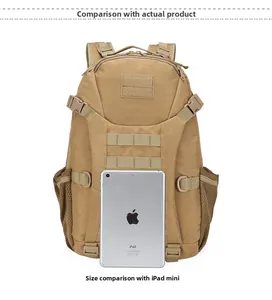 Tactical backpack size comparison showing interior capacity next to an iPad mini