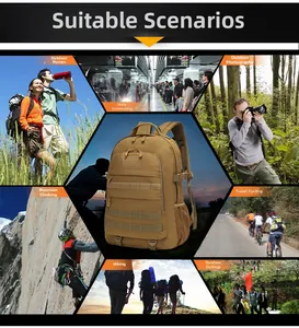 Khaki tactical backpack featuring MOLLE webbing system for hiking and outdoor activities