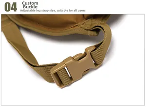 Detail of custom buckle and adjustable nylon strap on tactical camouflage waist bag
