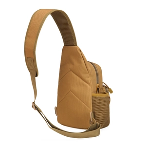 Khaki tactical sling bag with breathable V-shaped mesh back and water bottle holder