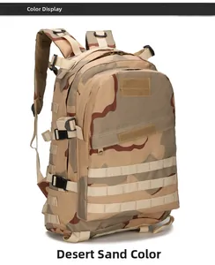 Detailed close-up of Desert Camo tactical backpack with MOLLE webbing and durable nylon fabric
