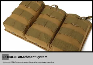 Detail of tactical triple pouch with MOLLE system and adjustable bungee cords in khaki nylon