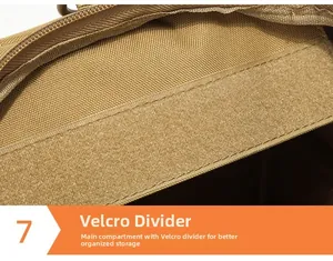Detail of the large tactical bag interior showing velcro divider for organized storage