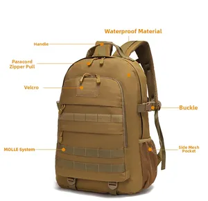 Detail of khaki tactical backpack featuring waterproof fabric and MOLLE system straps