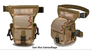 Detailed views of multi-pocket tactical drop leg bag in desert camouflage nylon