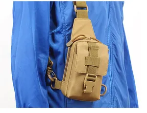 Close-up of khaki tactical chest bag with high-density nylon fabric and buckle