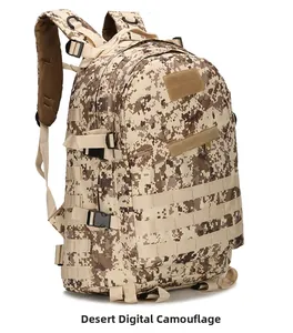 Detail view of desert digital camouflage tactical backpack with MOLLE system and D-rings