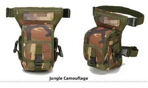 Detailed view of woodland camo tactical drop leg bag with adjustable straps and buckles