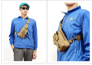 Tactical nylon chest bag in khaki showing MOLLE webbing and buckles for outdoor gear