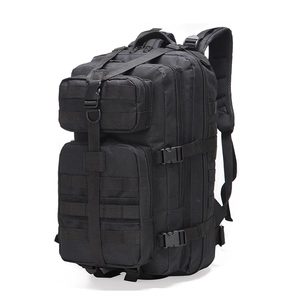Black tactical 35L backpack with MOLLE system for hiking, camping, and outdoor activities