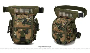 Detailed view of jungle digital camo tactical drop leg bag with adjustable straps
