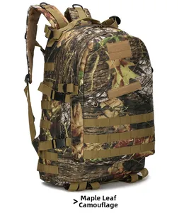 Detail of maple leaf camouflage tactical backpack with MOLLE webbing and velcro patches