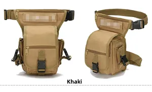 Detailed front and side view of tan tactical leg bag with utility pockets and buckles