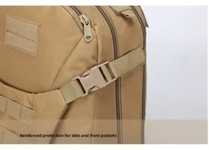 Macro detail of tan tactical backpack featuring adjustable side buckles and nylon texture